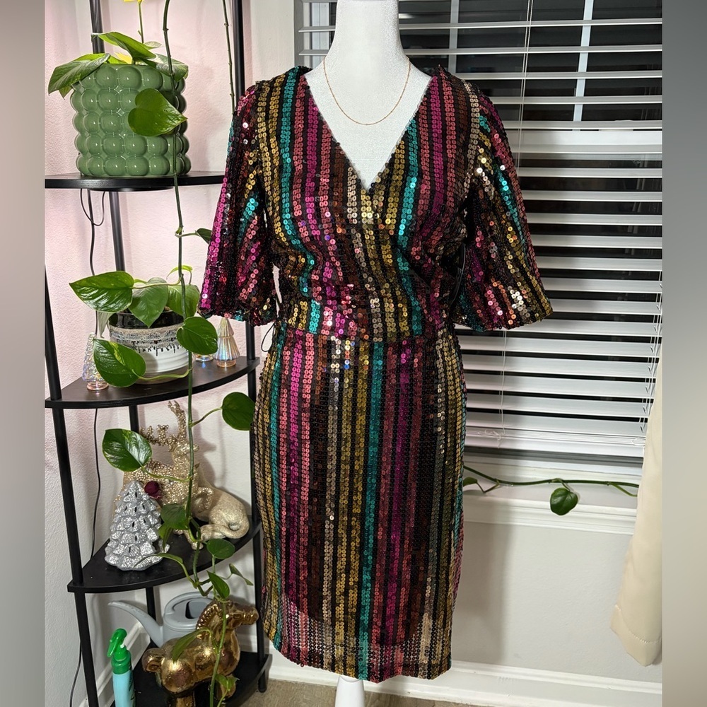 New York & Co Sequin Striped V-Neck Dress
